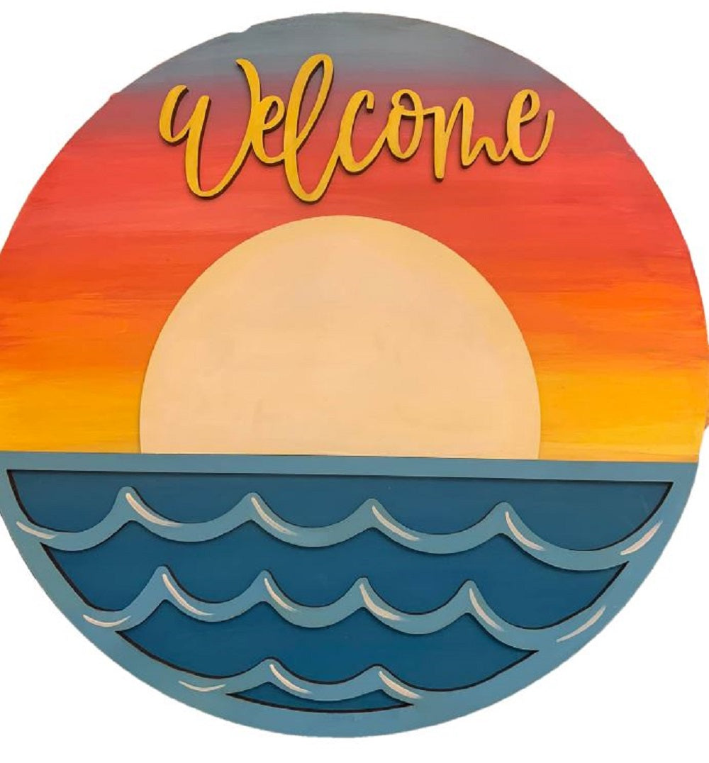 3D Round MDF Cutout Welcome Waves And Sun - Unfinished For DIY