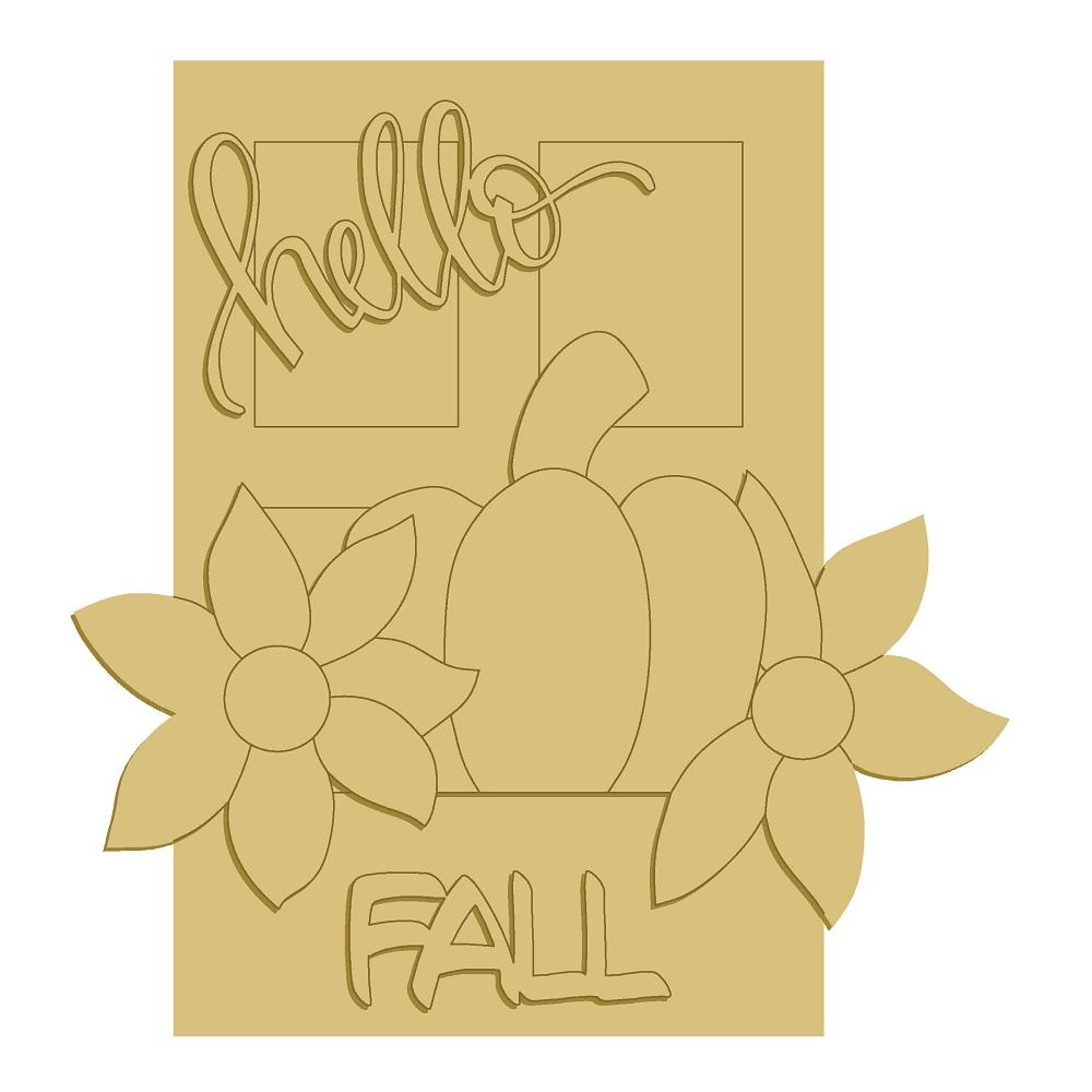 3D Window MDF Cutout Hello Fall Pumpkin With Flowers - Unfinished For DIY