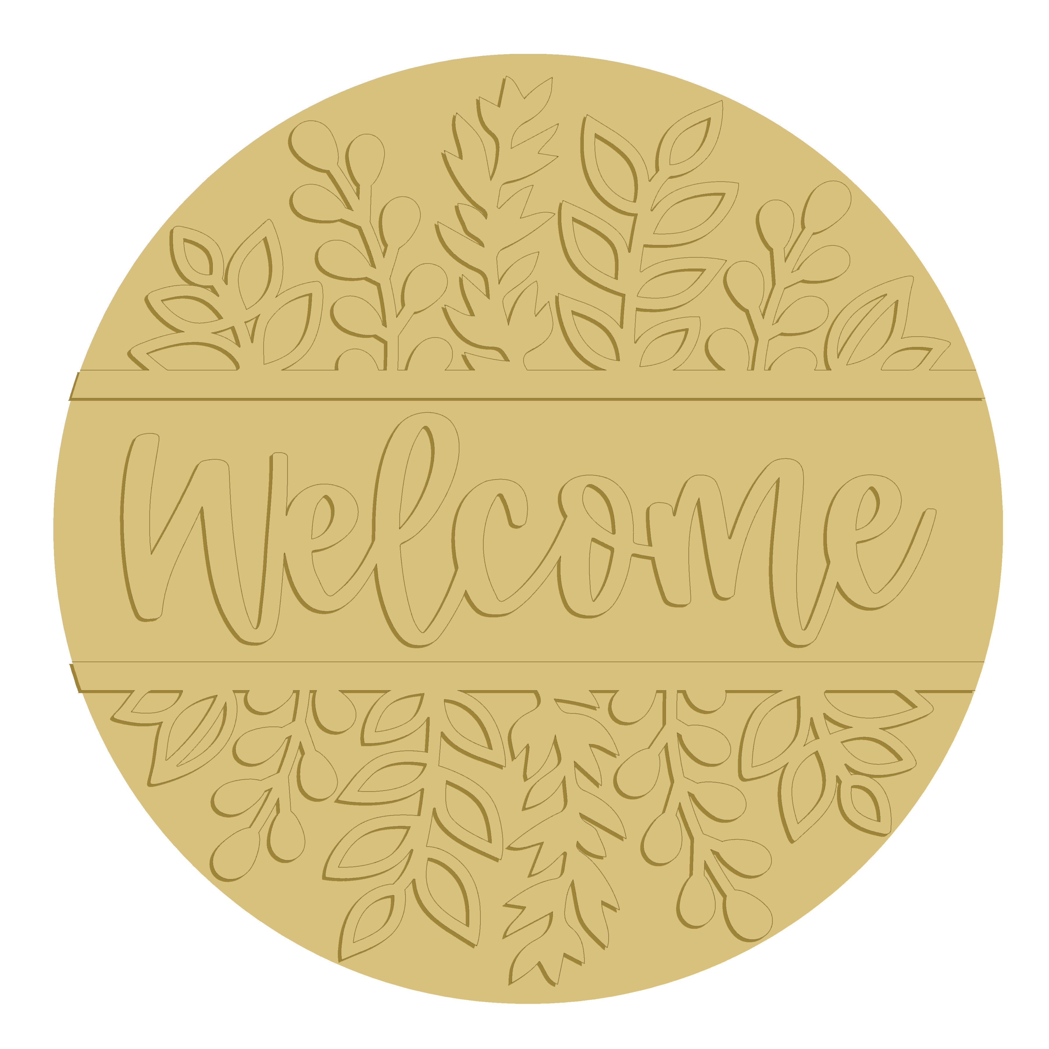 3D Round MDF Cutout Welcome With Wildflowers Border - Unfinished For DIY