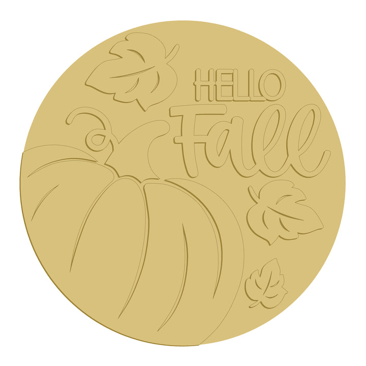 3D Round MDF Cutout Hello Fall Pumpkin Leaves - Unfinished For DIY