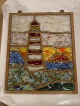 Faux Stained Glass Laser Cut MDF Cutout Square Lighthouse Sunset Scene - Unfinished For DIY