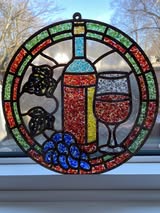 Faux Stained Glass Laser Cut MDF Cutout Round Wine Bottle, Wine Glass And Grapes - Unfinished For DIY