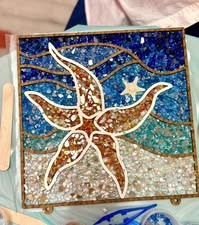 Faux Stained Glass Laser Cut MDF Cutout Starfish Over Ocean Waves - Unfinished For DIY