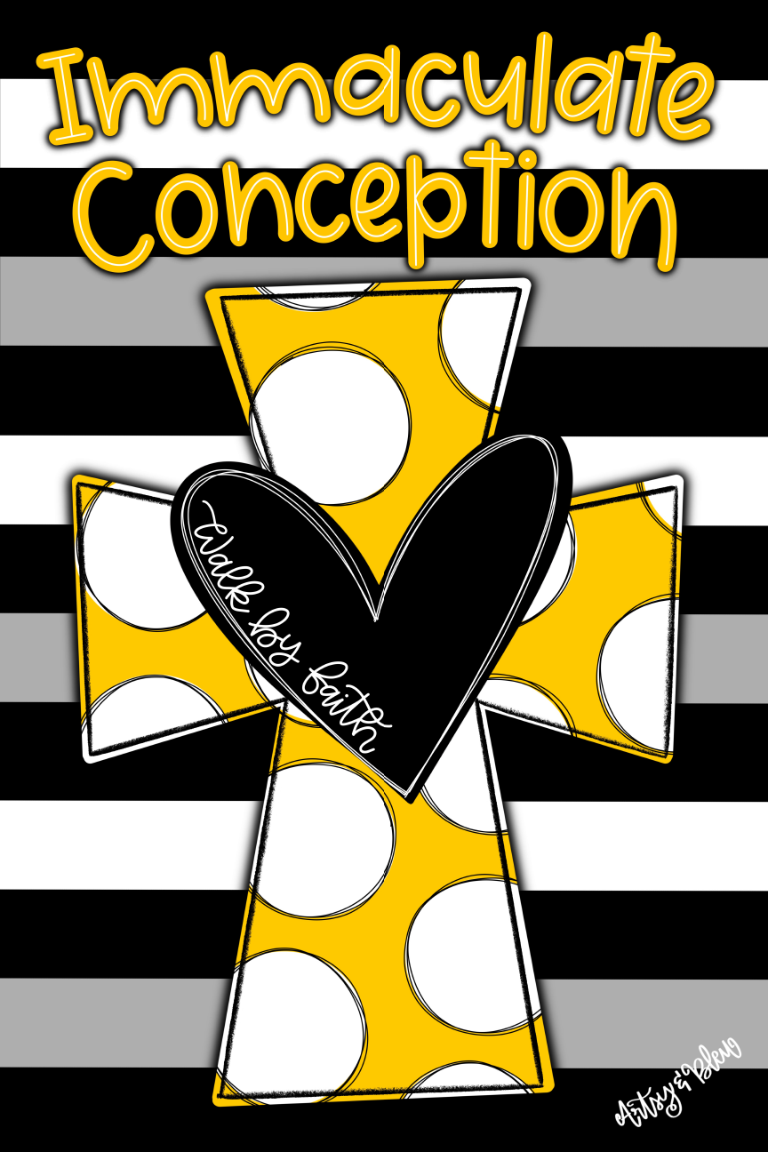 ARTSY AND BLEU YELLOW CROSS WITH WHITE DOTS IMMACULATE CONCEPTION