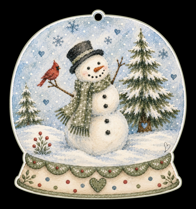 SPRINKLED WITH HEARTS SNOWGLOBE WITH A SNOWMAN AND RED CARDINAL