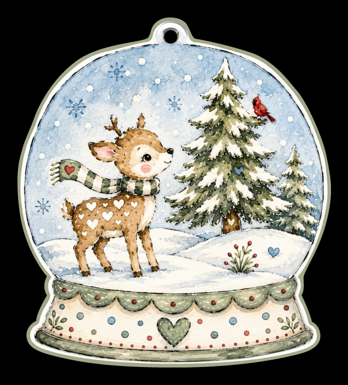 SPRINKLED WITH HEARTS SNOWGLOBE DEER WITH GREEN AND WHITE SCARF