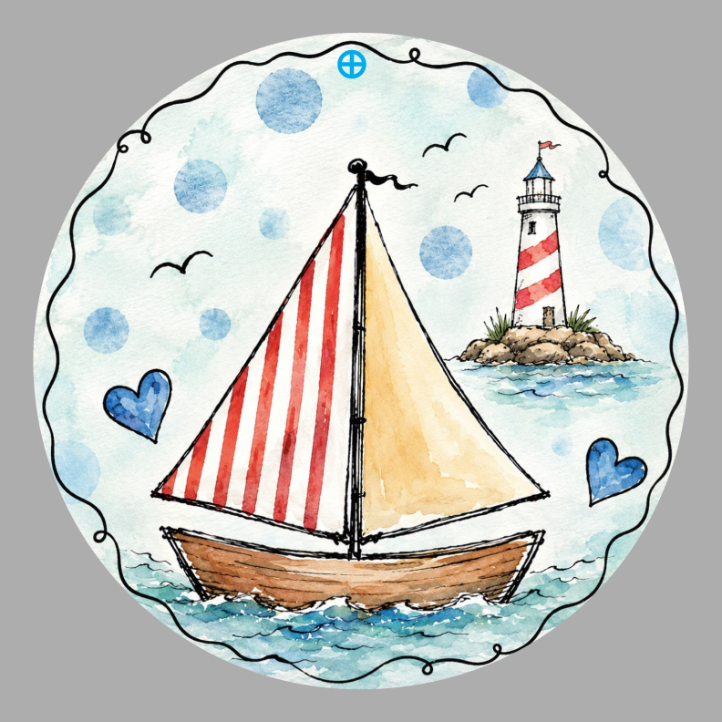 SPRINKLED WITH HEARTS SAILBOAT RED AND WHITE SAIL LIGHTHOUSE BLUE HEARTS
