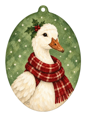 SPRINKLED WITH HEARTS GOOSE WITH HOLLY LEAF ON HER HEAD  AND RED SCARF