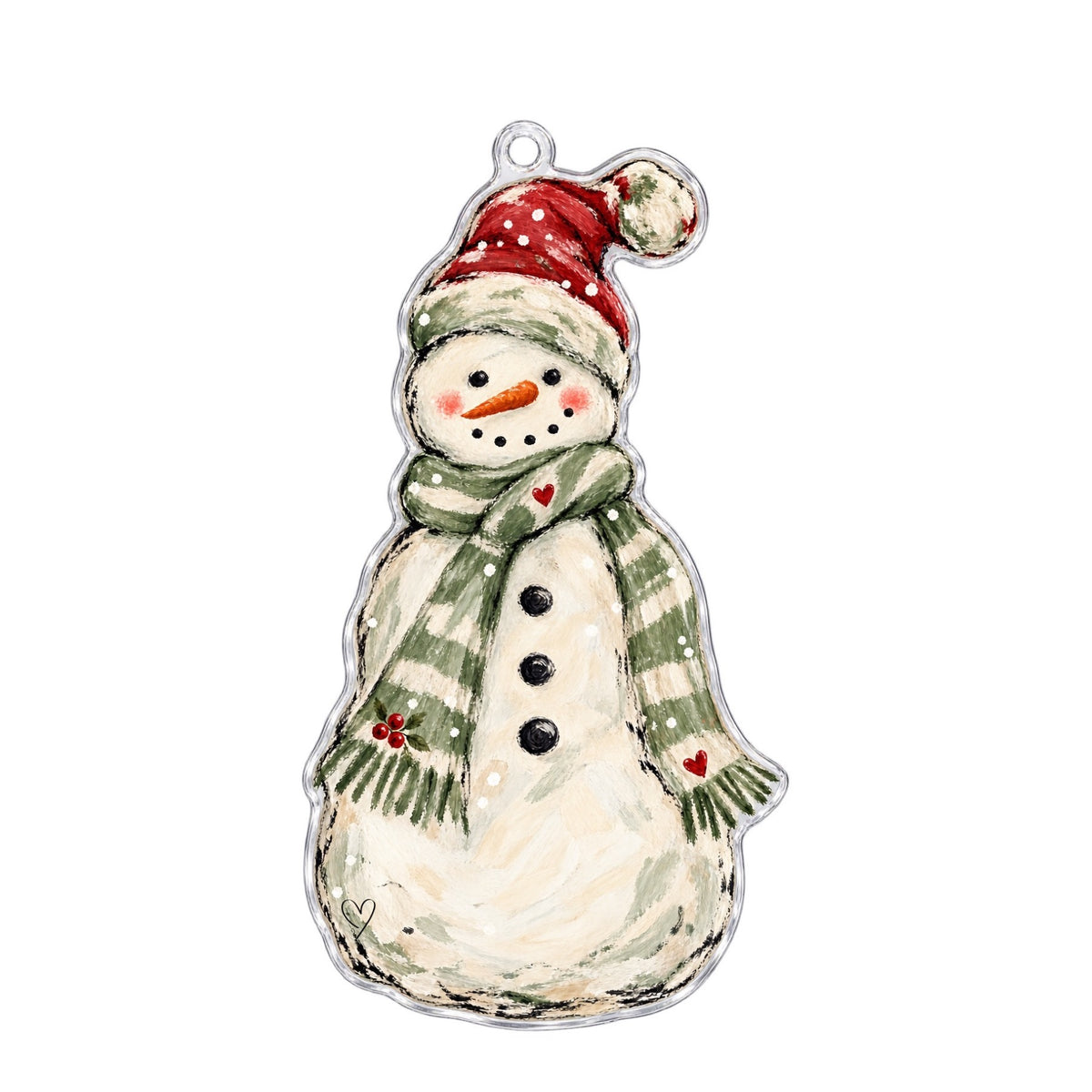 SPRINKLED WITH HEARTS SNOWMAN RED HAT GREEN AND CREAM SCARF RED HEART