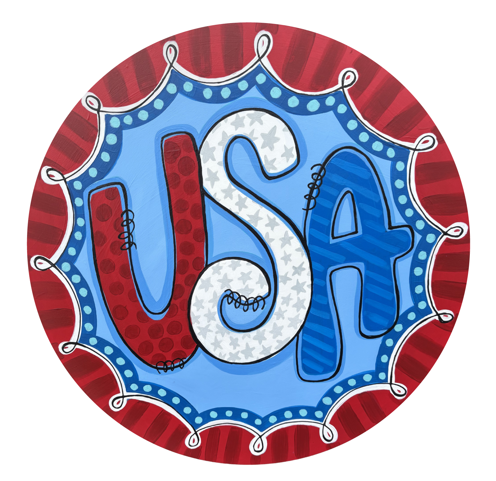 ANNA EVANS ROUND RED BLUE AND WHITE USA