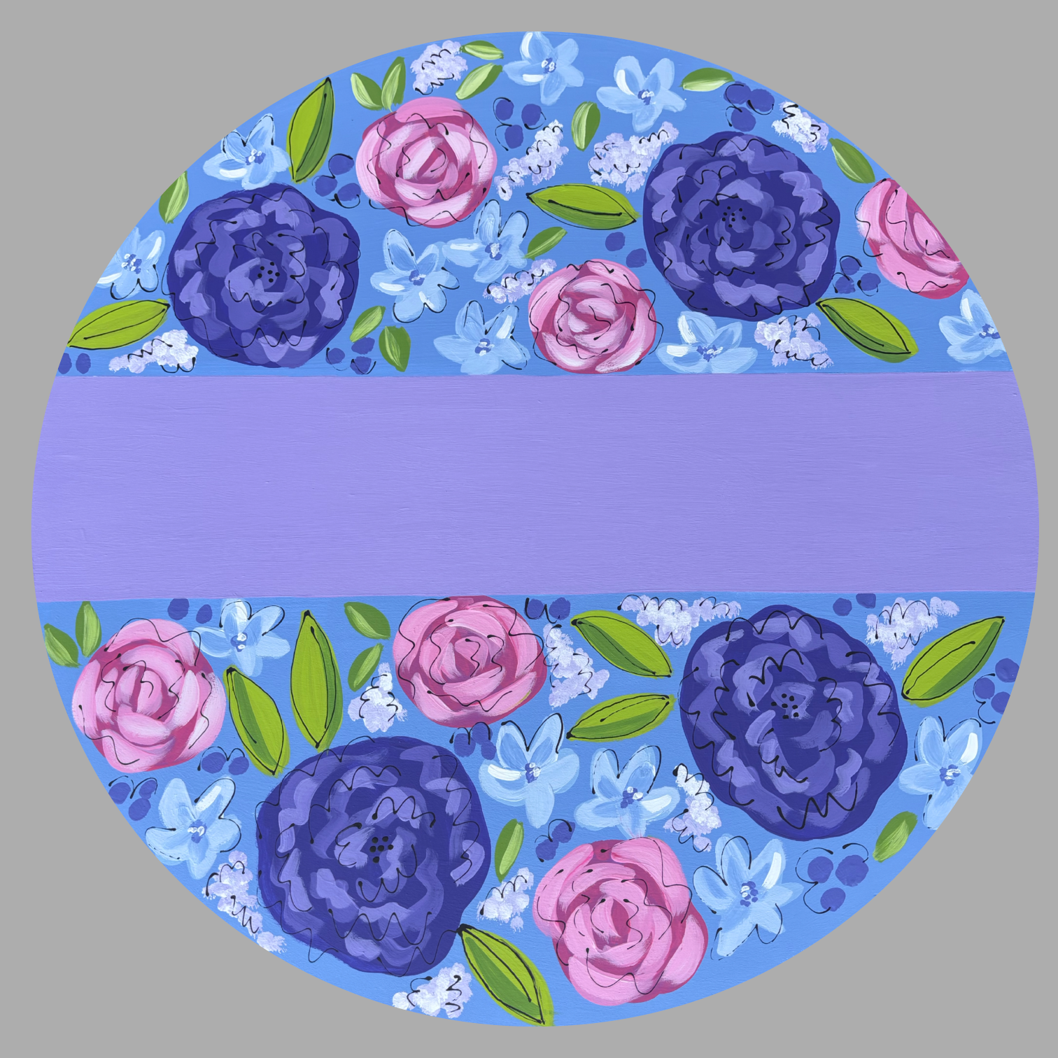 ANNA EVANS ROUND PURPLE PINK BLUE FLOWERS PURPLE BANNER