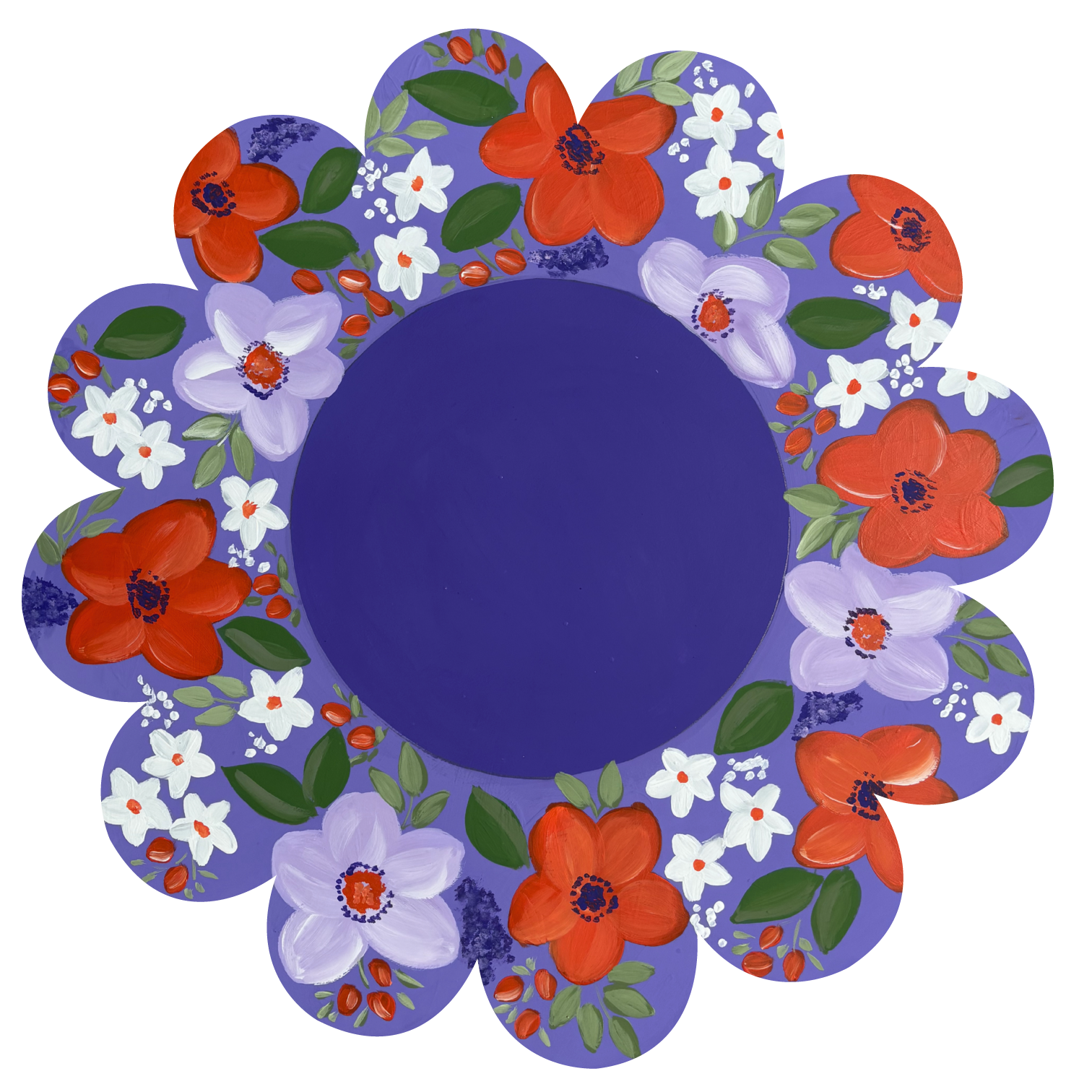 ANNA EVANS DARK BLUE CENTER ORANGE LIGHT PURPLE WHITE FLOWERS