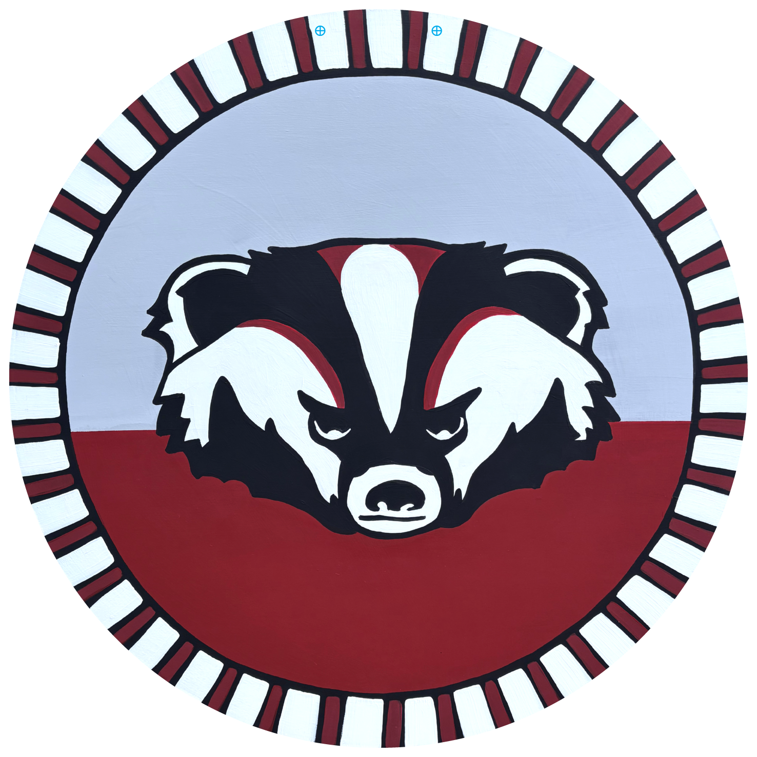 ANNA EVANS BURGUNDY AND GREY ROUND BADGER
