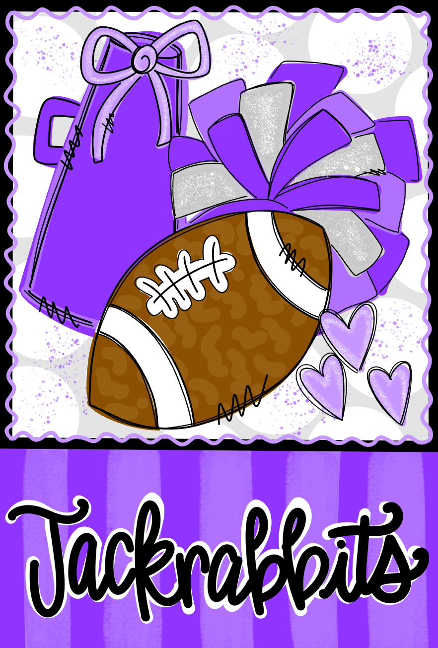 ANNA EVANS PURPLE WITH FOOTBALL MEGAPHONE AND POMPOMS JACKRABBITS