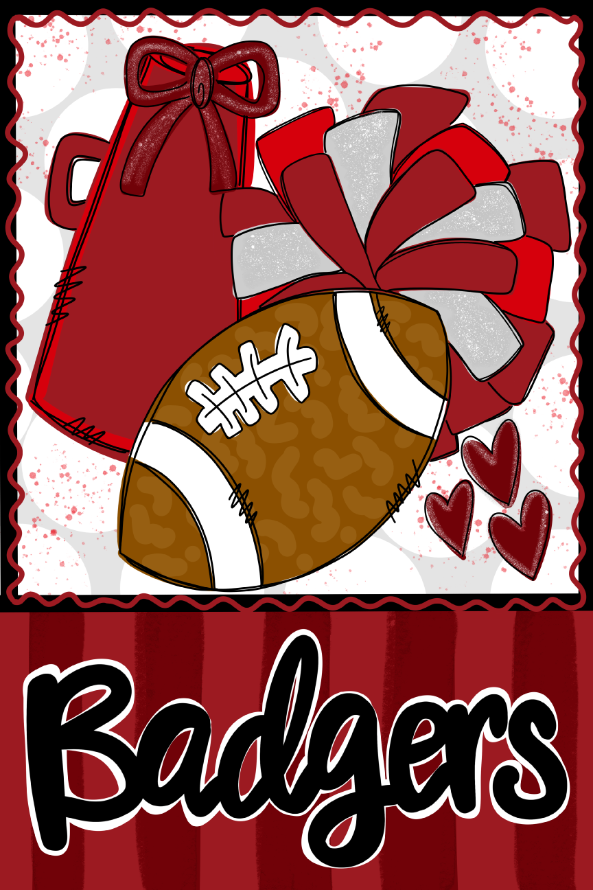 ANNA EVANS RED MEGAAPHONE POMPOM AND FOOTBALL BADGERS