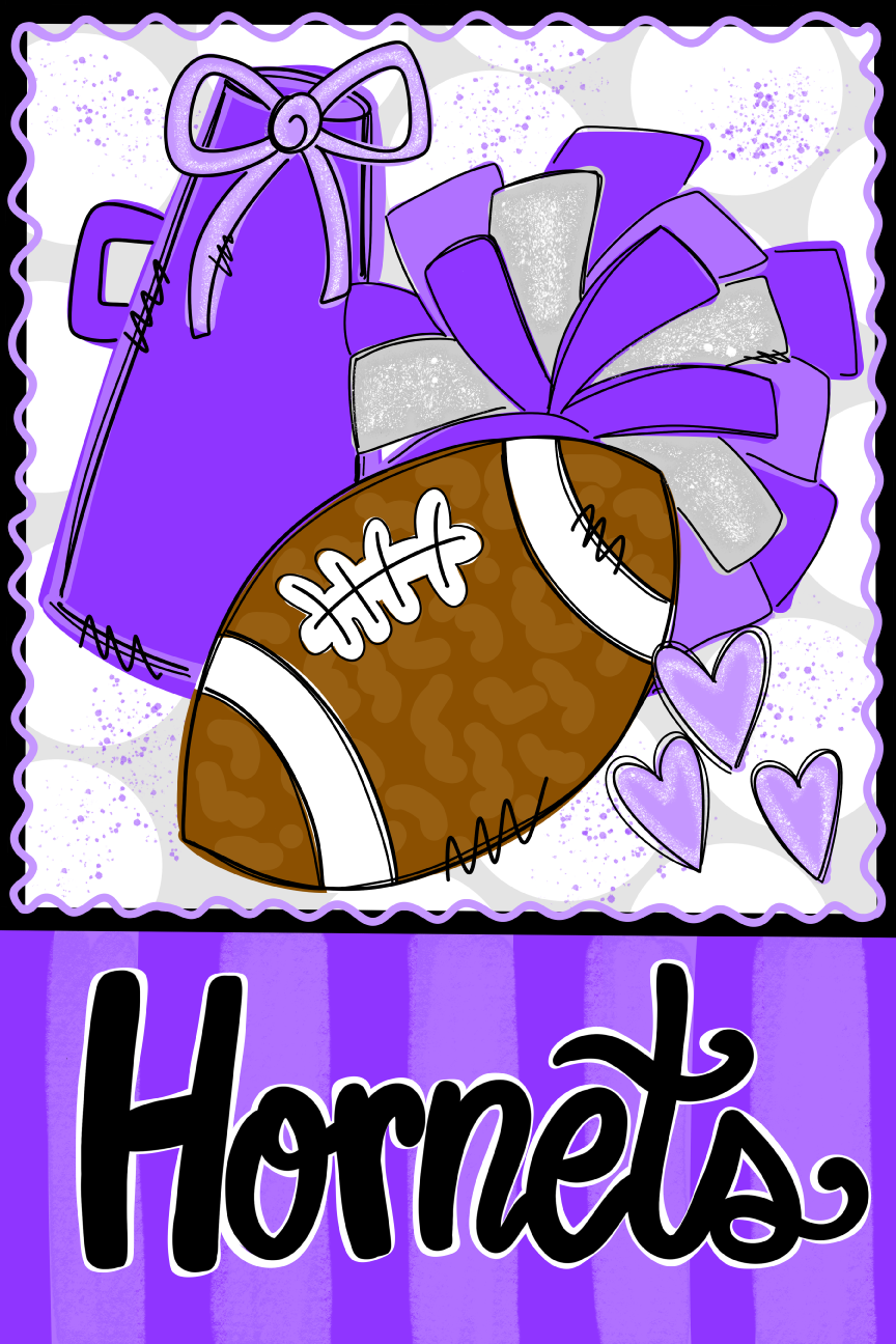 ANNA EVANS BRIGHT PURPLE MEGAPHONE WITH POMPOMS AND FOOTBALL HORNETS