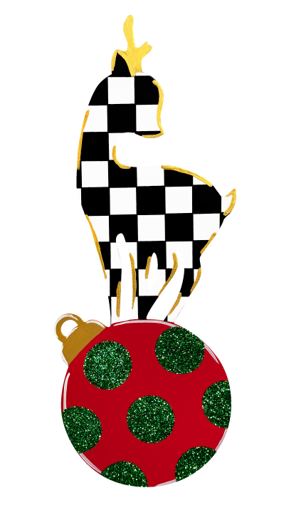 ASHLEY NICOLE DESIGNS BLACK AND WHITE CHECKERED DEER ON RED ORNAMENT