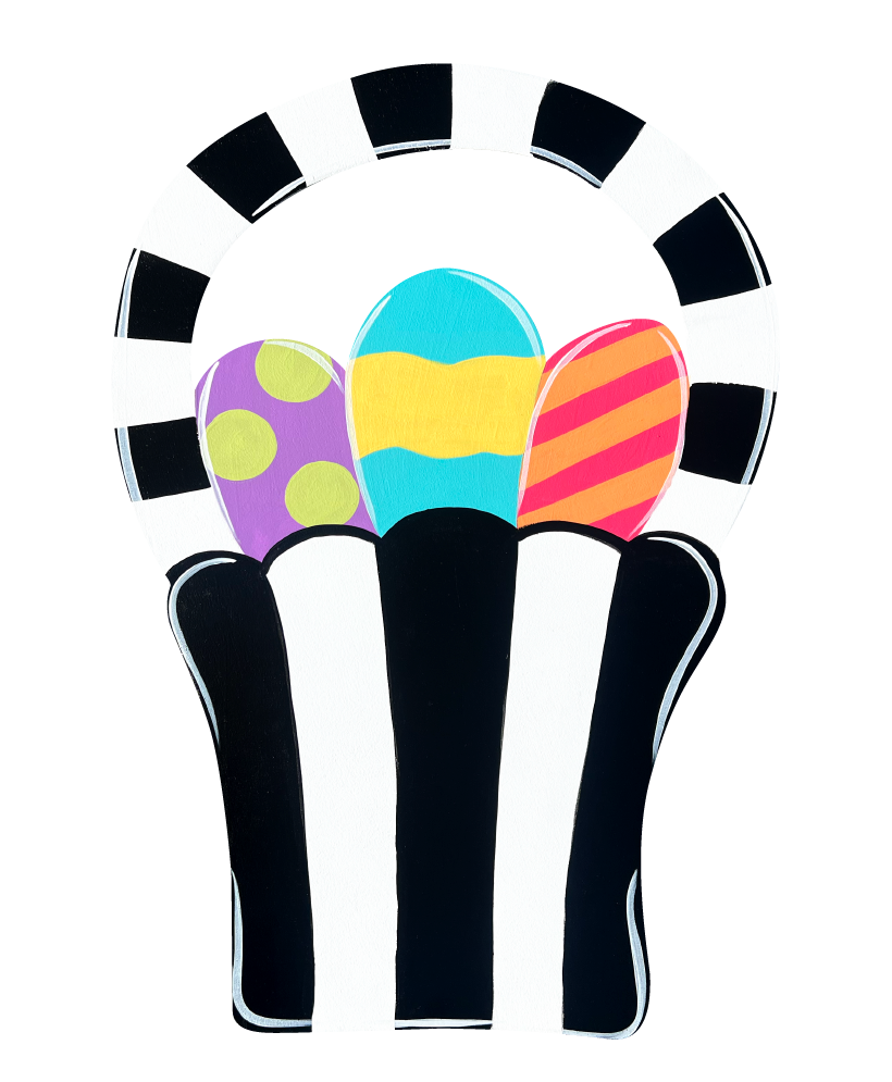 ASHLEY NICOLE DESIGNS BLACK AND WHITE BASKET WITH COLORFUL EGGS