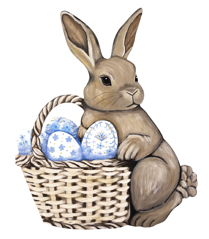 ASHLEY NICOLE DESIGNS BROWN BUNNY WITH BLUE EGGS IN BASKET