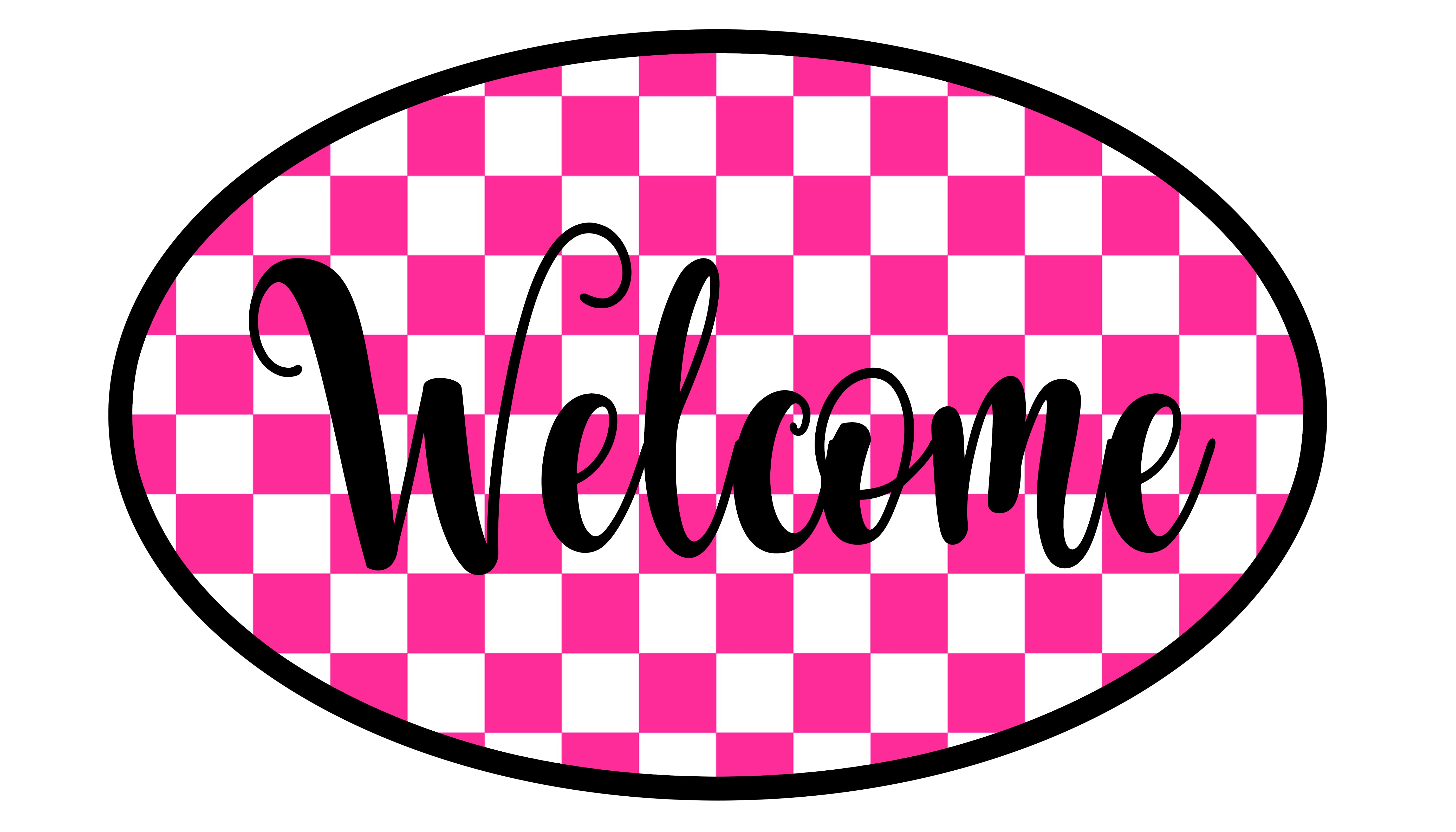 ASHLEY NICOLE DESIGNS OVAL WELCOME SIGN WITH PINK AND WHITE SQUARES