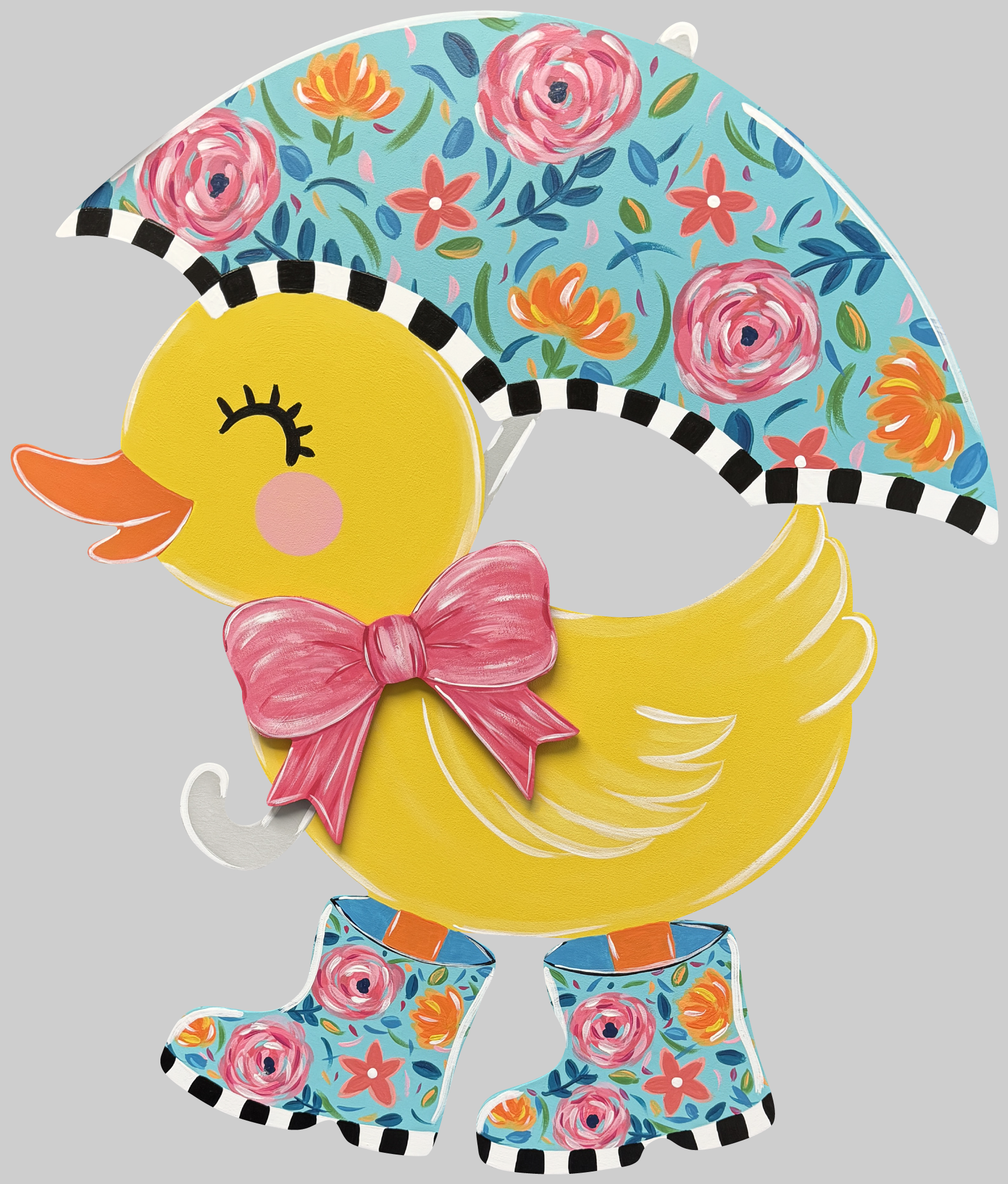ASHLEY NICOLE DESIGNS YELLOW DUCK WITH A BLUE FLORAL UMBRELLA