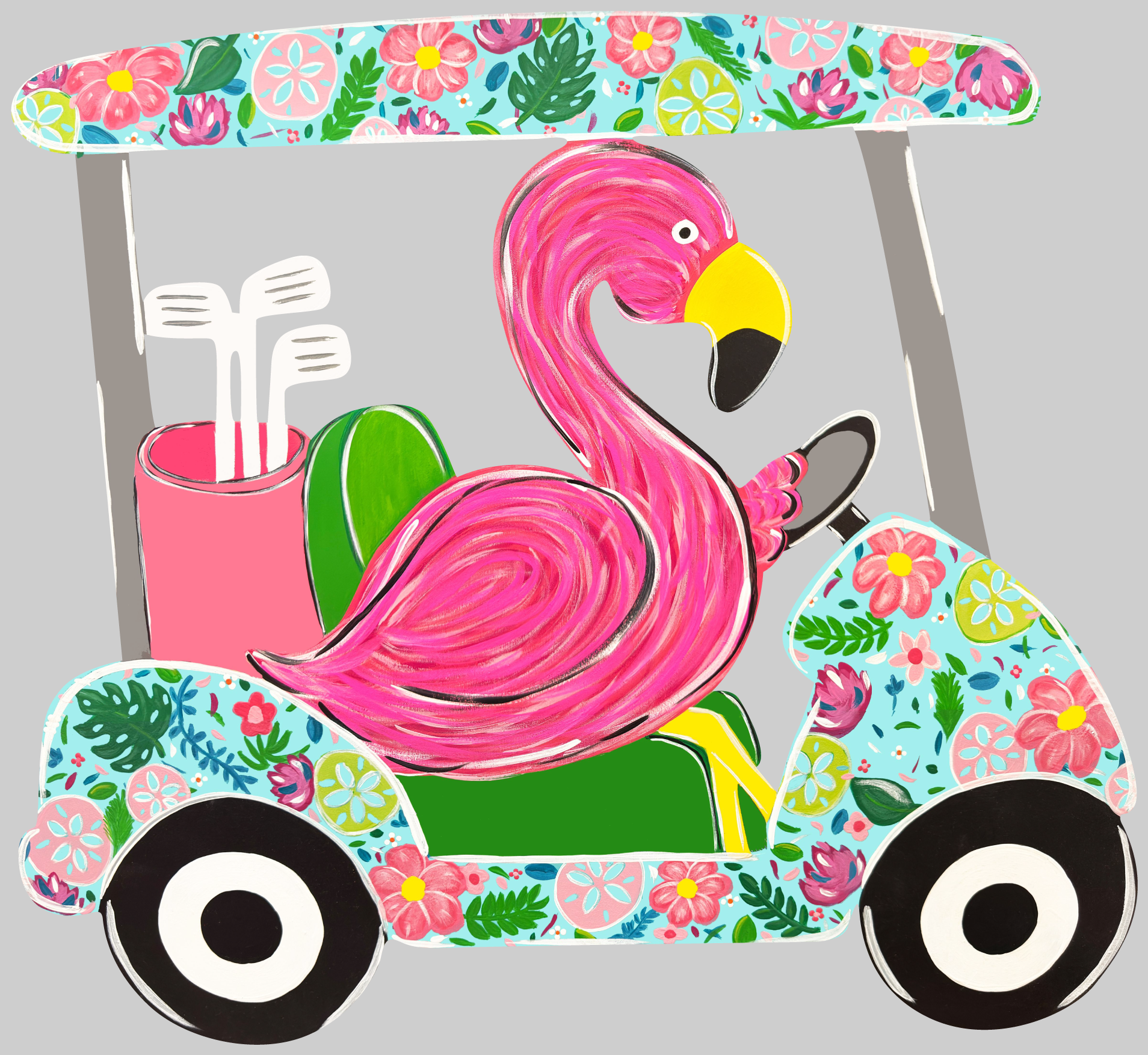 ASHLEY NICOLE DESIGNS FLORAL GOLF CART WITH PINK FLAMINGO