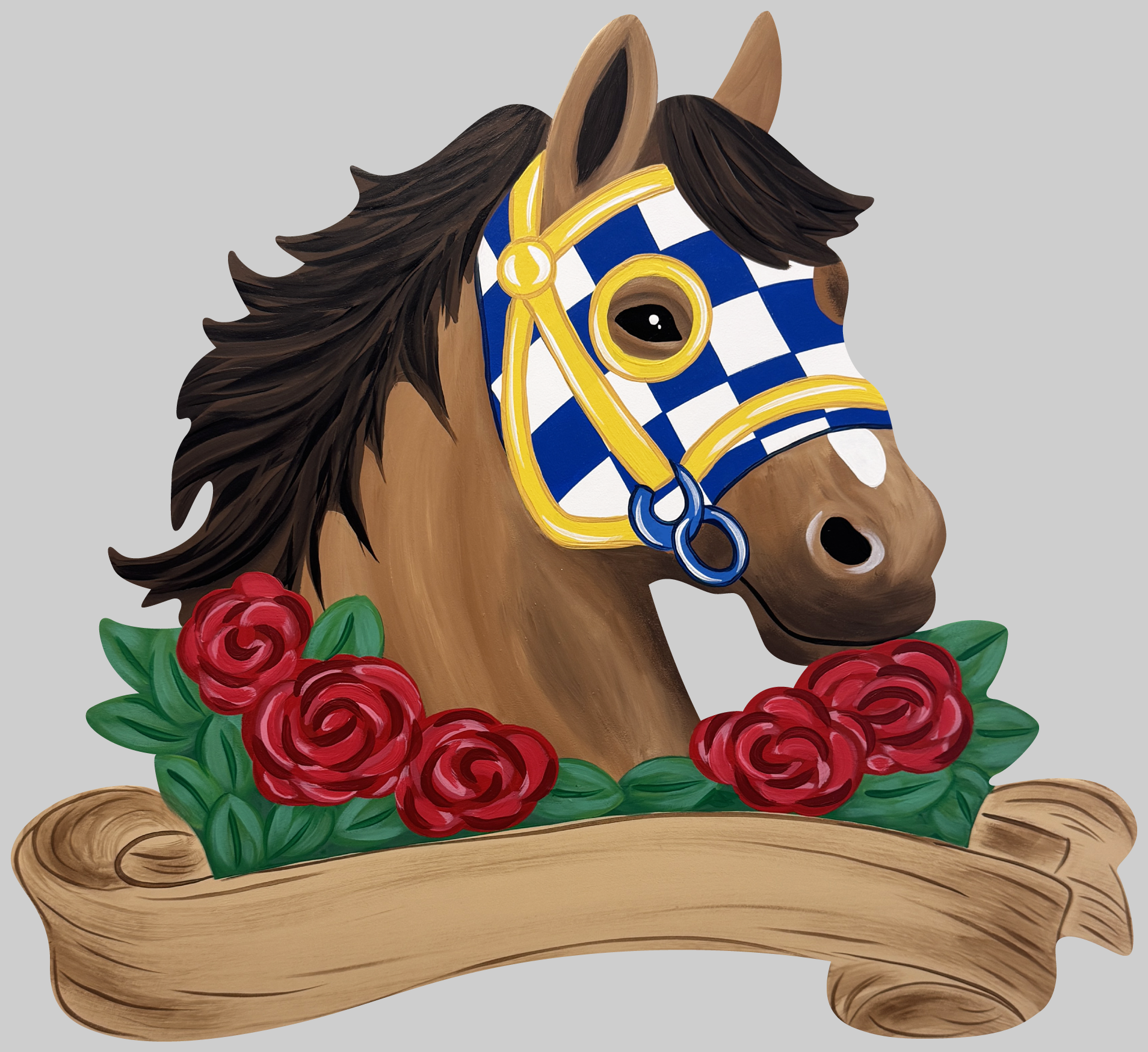 ASHLEY NICOLE DESIGNS HORSE WITH BLUE AND WHITE FACE MASK RED ROSES