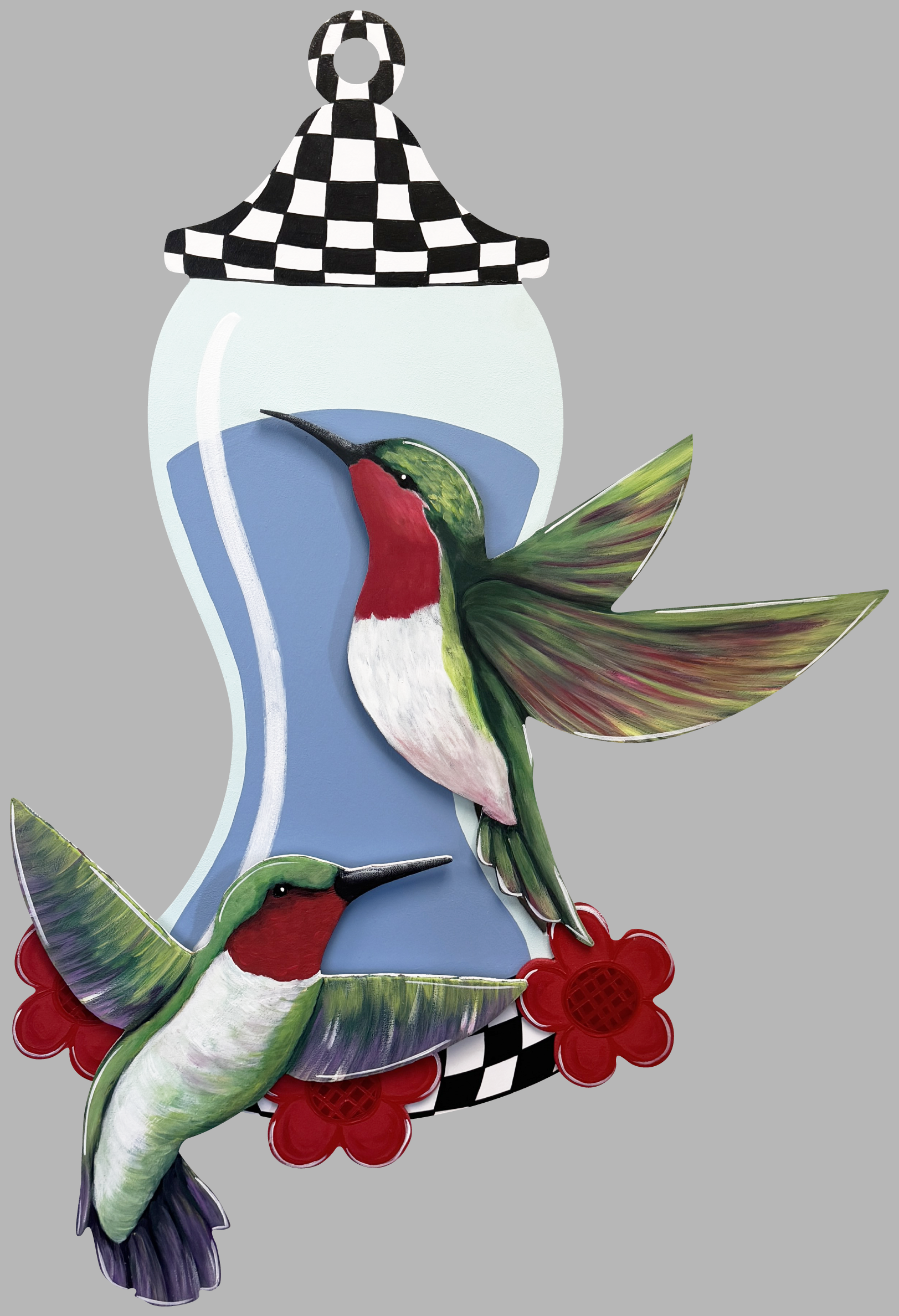ASHLEY NICOLE DESIGNS HUMMING BIRDS WITH BLUE FEEDER AND BLACK AND WHITE TOP