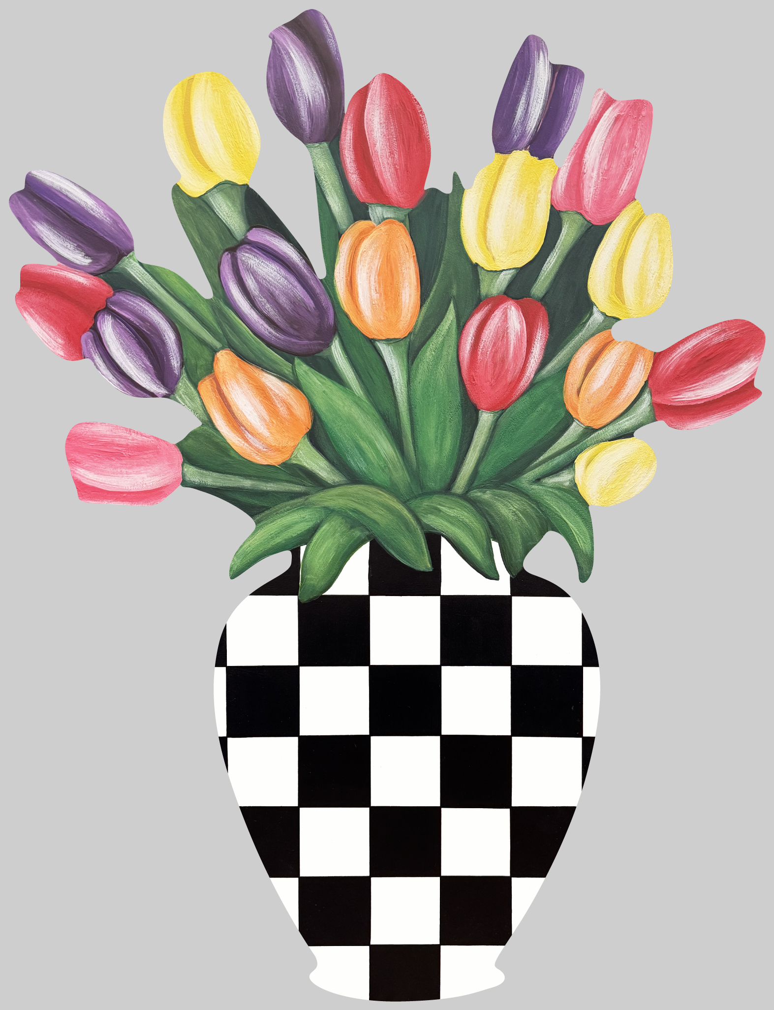 ASHLEY NICOLE DESIGNS BLACK AND WHITE VASE WITH COLORFUL TULIPS