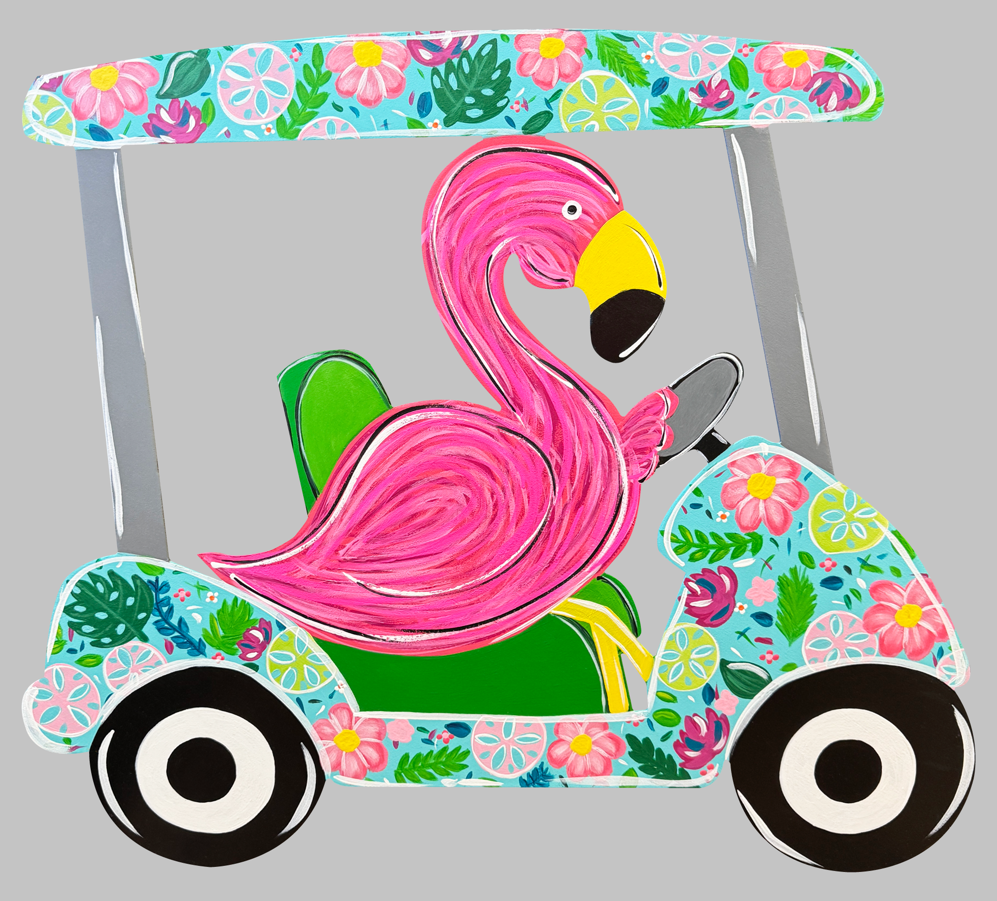 ASHLEY NICOLE DESIGNS GOLF CART WITH PINK FLAMINGO DRIVING