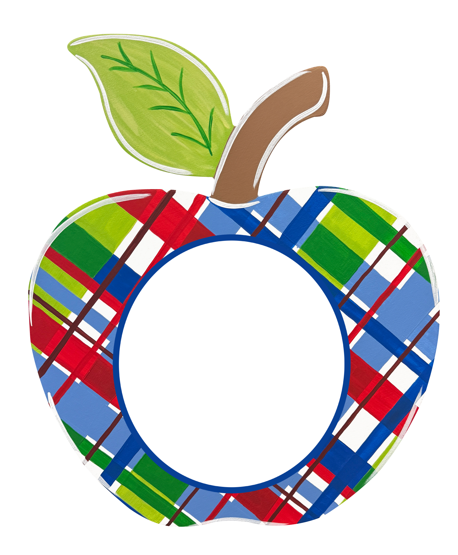 ASHLEY NICOLE DESIGNS APPLE BLUE RED GREEN WHITE STRIPE BROWN STEM GREEN LEAF HOLE IN THE CENTER