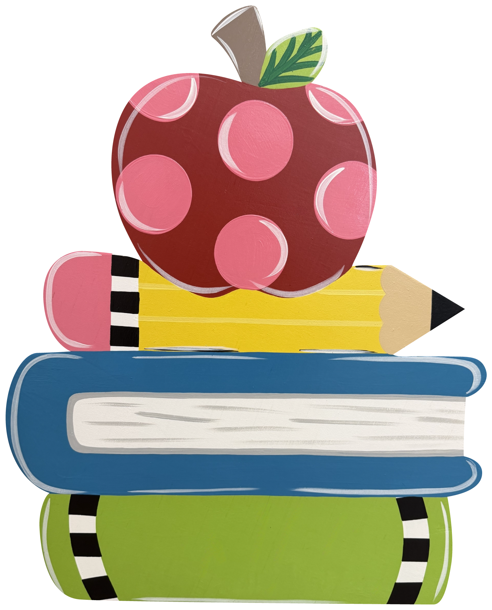 ASHLEY NICOLE DESIGNS BLUE GREEN BOOKS YELLOW PENCIL AND RED PINK APPLE