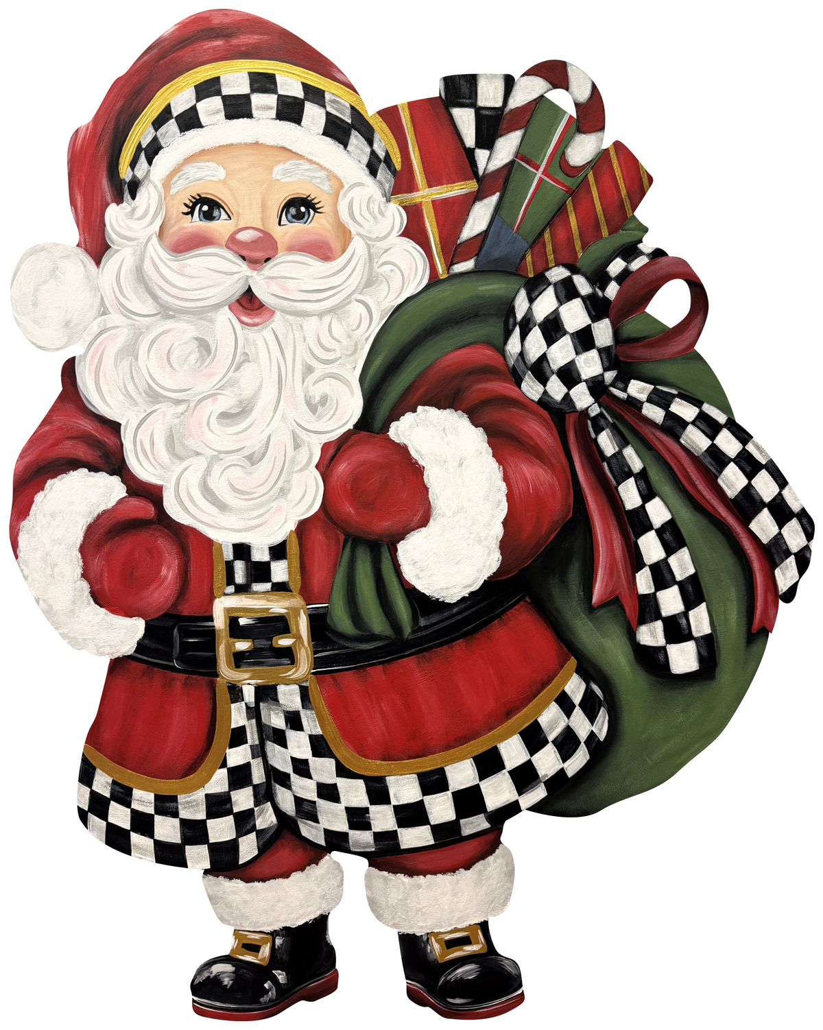 ASHLEY NICOLE DESIGNS SANTA WITH RED COAT BLACK AND WHITE CHECKERED PRINT