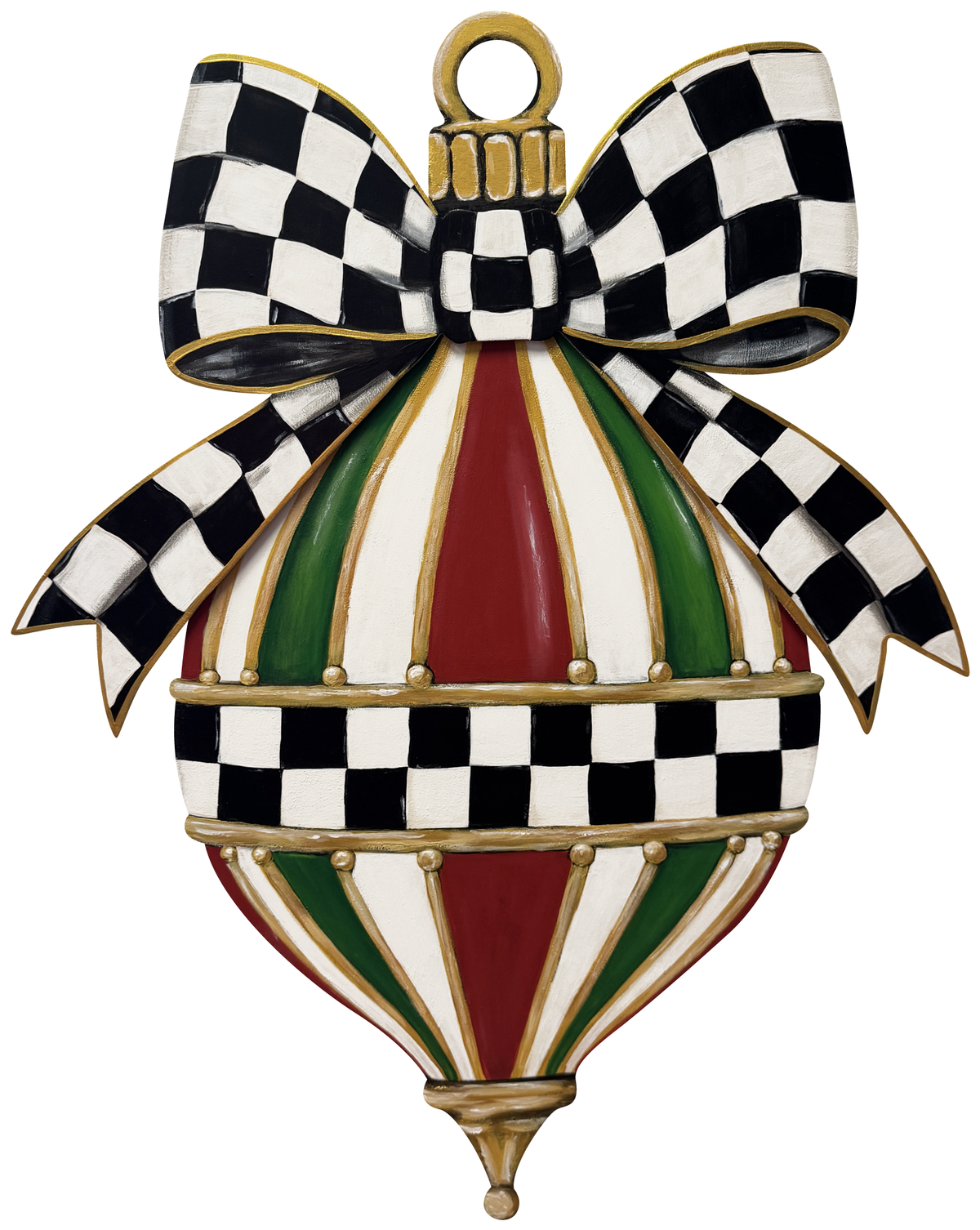ASHLEY NICOLE DESIGNS RED GREEN WHITE CHRISTMAS ORNAMENT WITH BLACK AND WHITE BOW