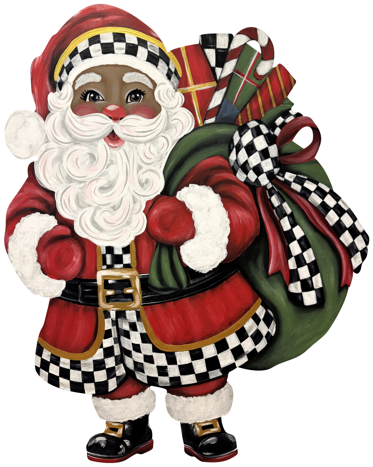 ASHLEY NICOLE DESIGNS DARK SKIN SANTA WITH RED COAT BLACK AND WHITE CHECKERED PRINT