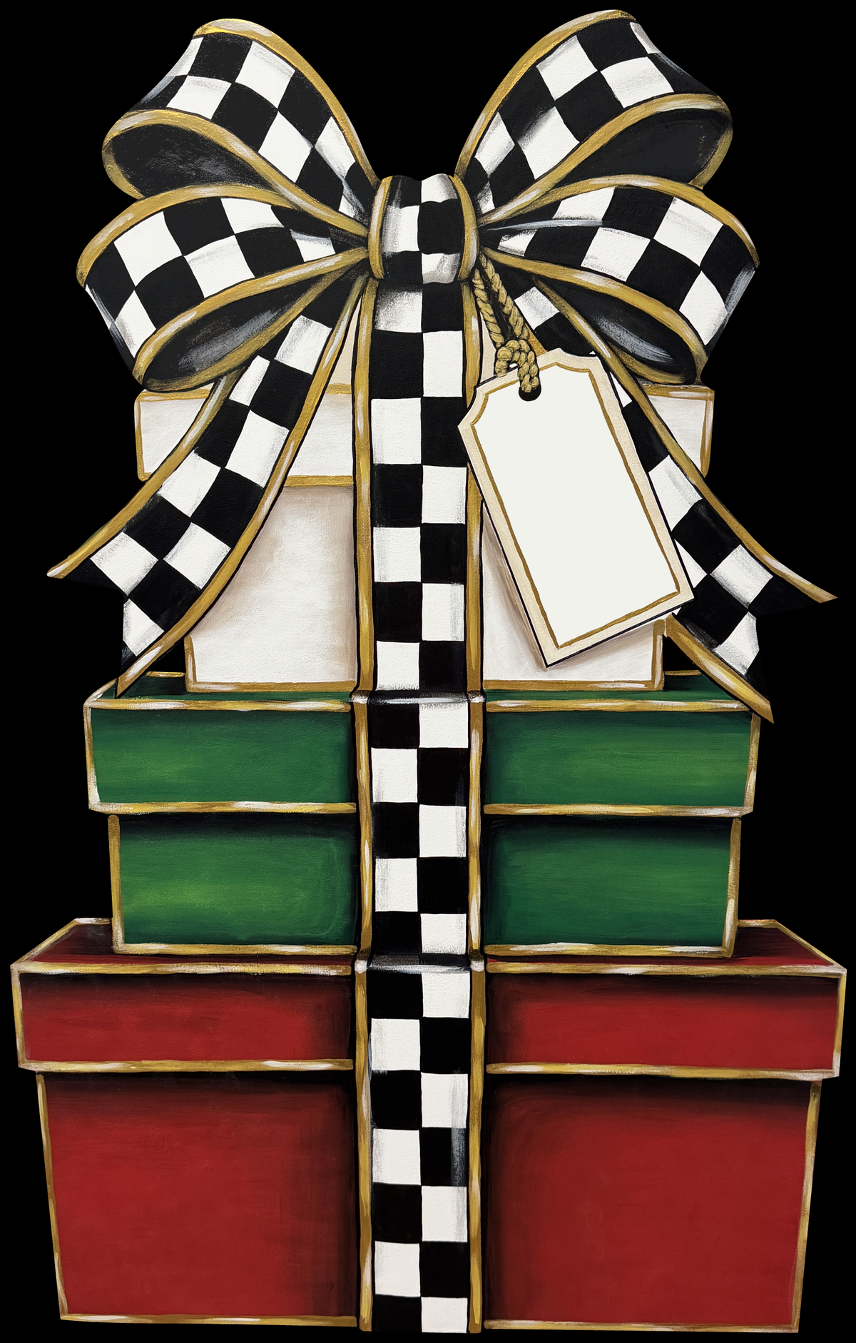 ASHLEY NICOLE DESIGNS RED GREEN AND WHITE BOXES WITH BLACK AND WHITE BOW