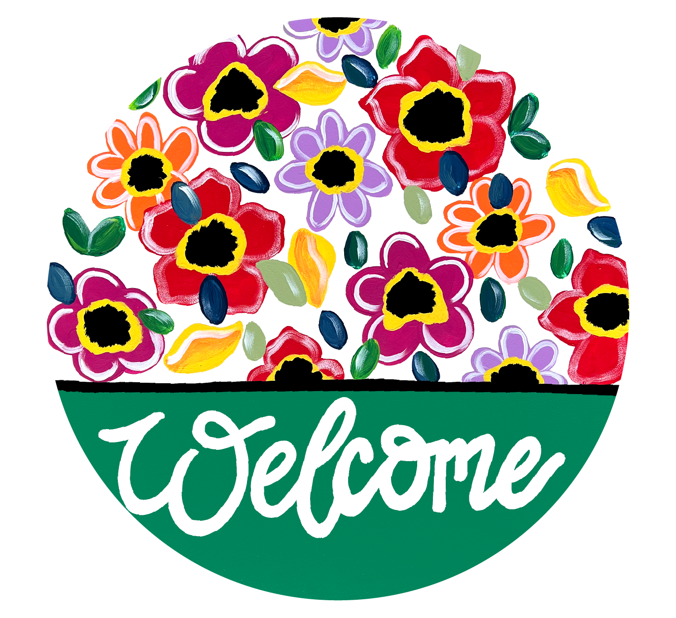 ASHLEY NICOLE DESIGNS GREEN WELCOME WITH BRIGHT FLOWERS ON TOP