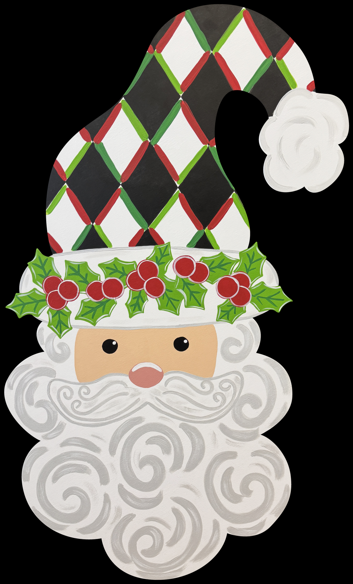 ASHLEY NICOLE DESIGNS SANTA WITH A BLACK AND WHITE CHECKERED WITH RED AND GREEN HAT