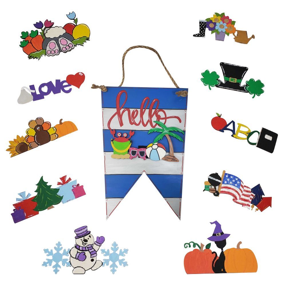 Design By Line Interchangeable MDF Cutout Hello Pennant Flag With Monthly Interchangeable Pieces - Unfinished For DIY