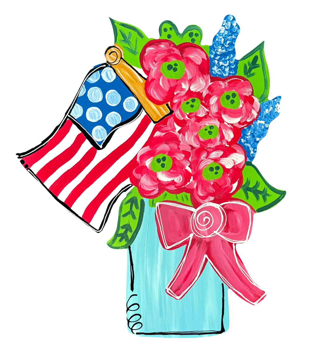 BE BLESSED CREATIONS FLOWERS AND FLAG IN A BLUE JAR