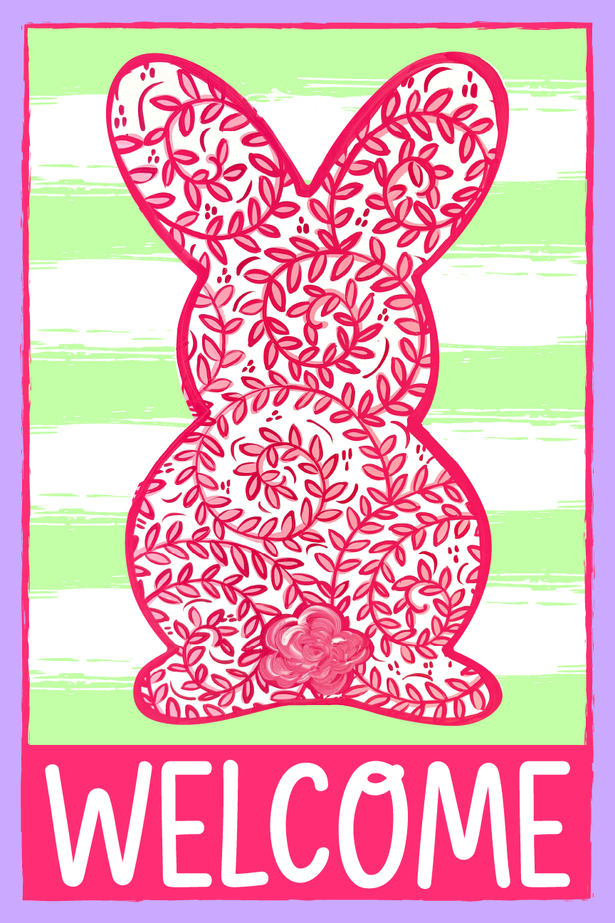 BE BLESSED CREATIONS WELCOME PINK FLORAL BUNNY