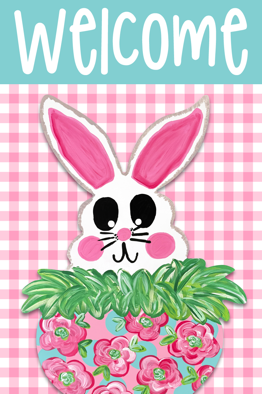 BE BLESSED CREATIONS PINK PLAID WELCOME BUNNY
