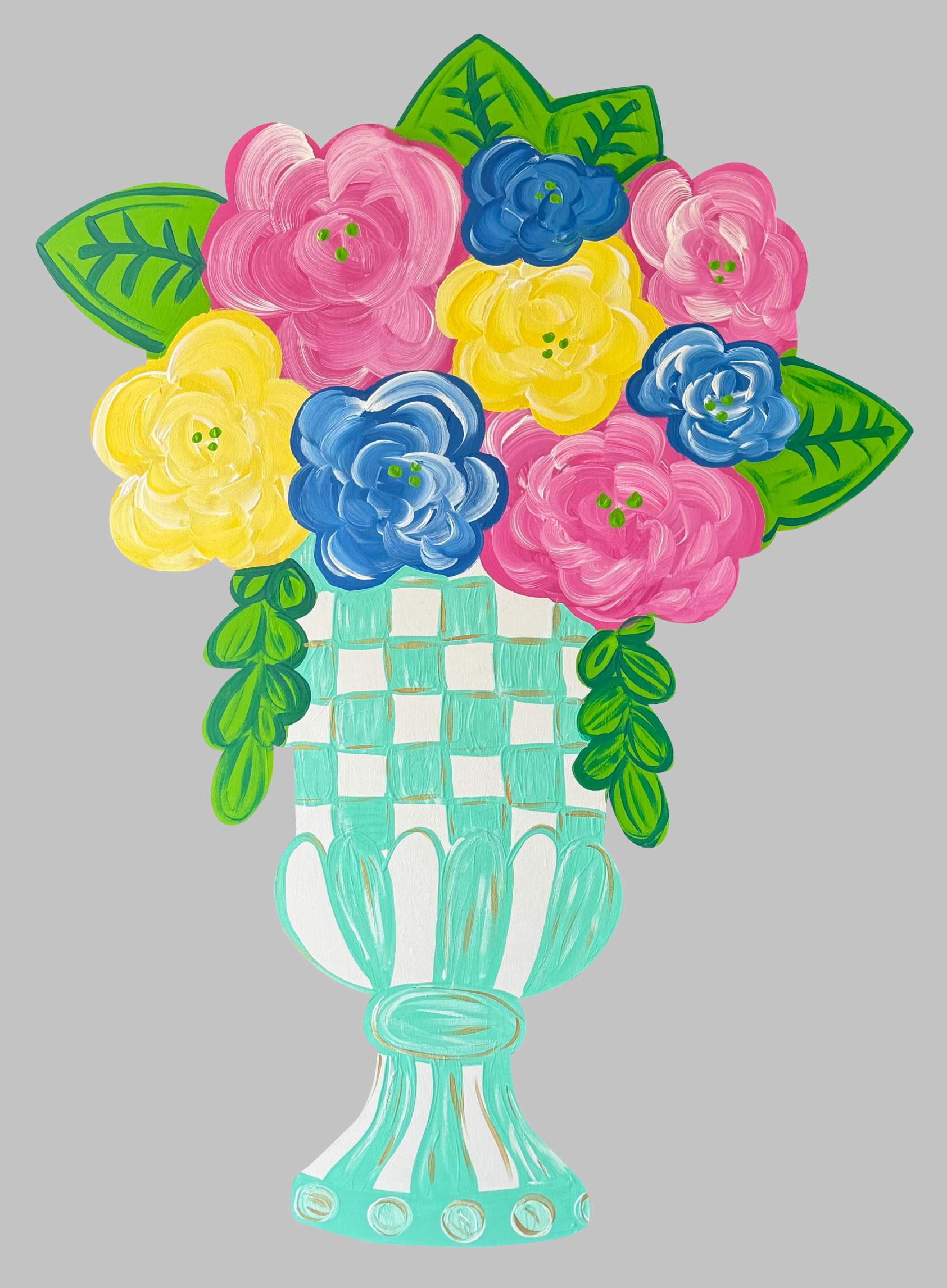 BE BLESSED CREATIONS GREEN AND WHITE VASE WITH COLORFUL FLOWERS