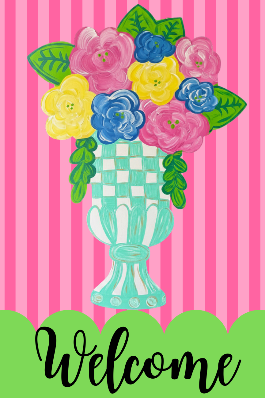 BE BLESSED CREATIONS PINK STIPES WELCOME GREEN WHITE VASE WITH FLOWERS