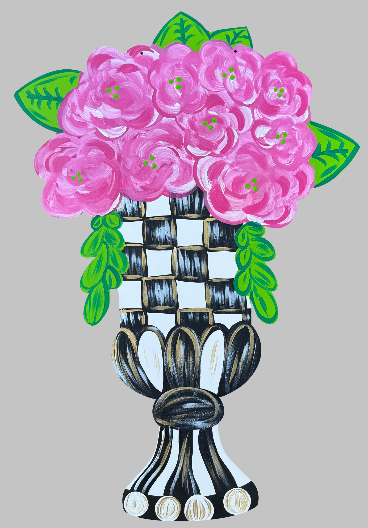 BE BLESSED CREATIONS BLACK AND WHITE VASE WITH PINK FLOWERS