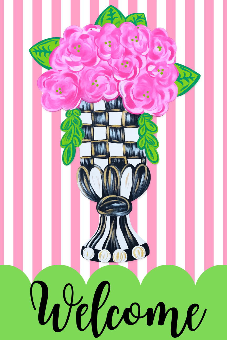 BE BLESSED CREATIONS PINK AND WHITE STRIPES BLACK AND WHITE VASE WITH PINK FLOWER