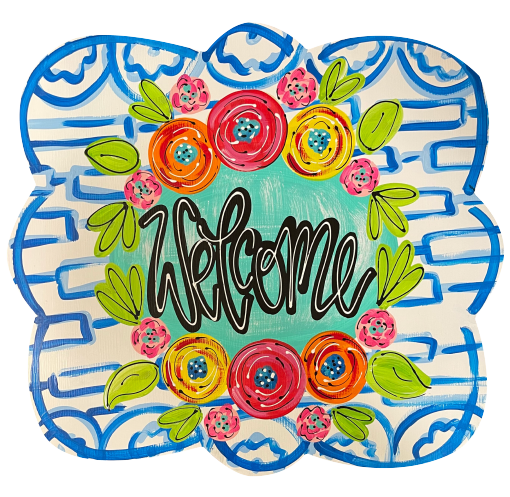 LILY PAD DESIGNS BLUE WELCOME PLAQUE WITH FLOWERS