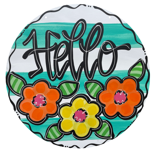 LILY PAD DESIGNS CIRCLE HELLO WITH ORANGE AND YELLOW FLOWERS