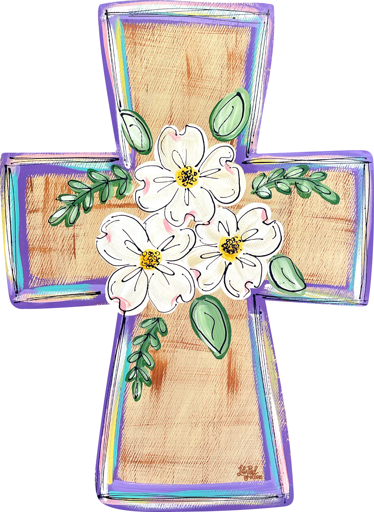 LILY PAD DESIGNS CROSS WITH 3 WHITE FLOWERS