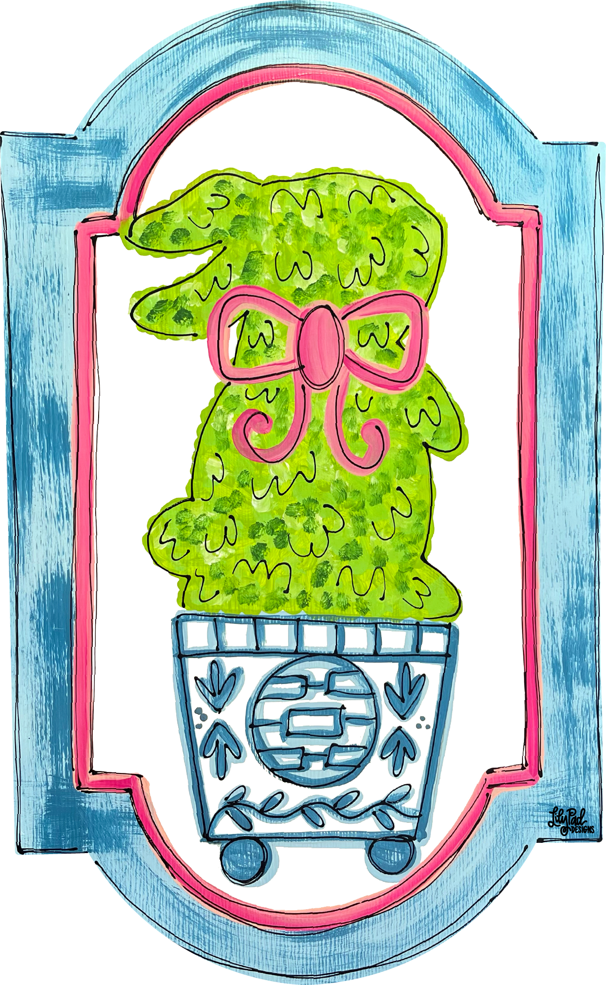 LILY PAD DESIGNS PLAQUE WITH GINGER JAR AND RABBIT SHRUB